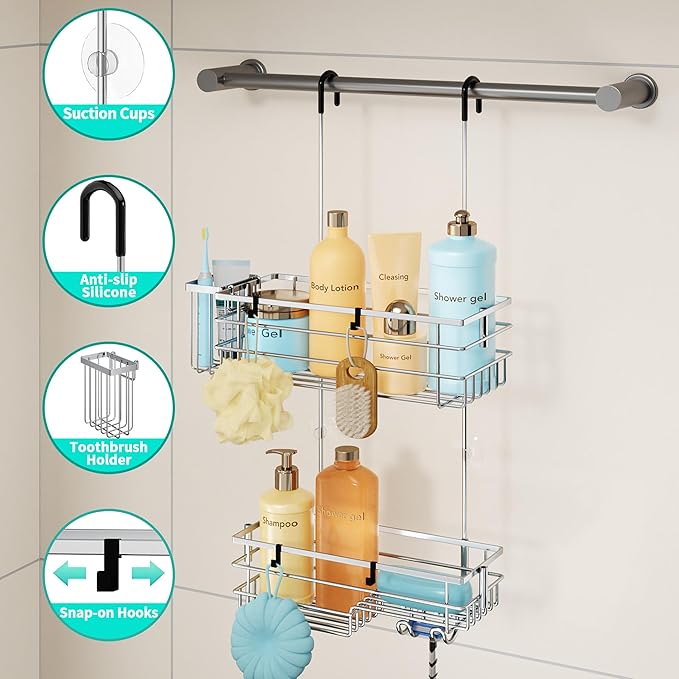 HapiRm Hanging Shower Caddy Organizer - No Drilling Shower Shelves with Hooks and Toothbrush Holder, Rustproof 304 Stainless Steel Bathroom Organizer - Silver