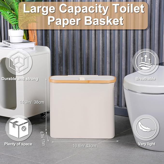 efluky Toilet Paper Basket 28L, Toilet Paper Holder with Lid for Bathroom, Free Standing Storage Organizer Holds Up to 9-12 Rolls (Beige, 1) (Pack of 2)