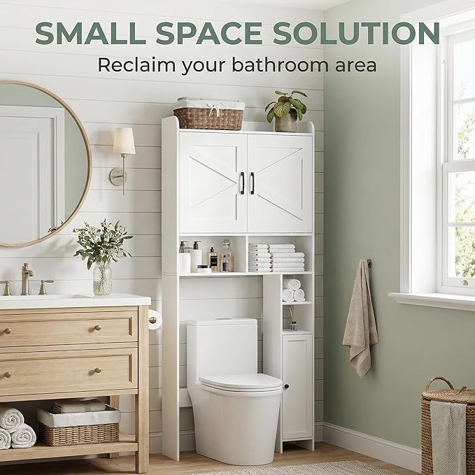 Homhedy Over The Toilet Storage Cabinet with 2 Barn Door and Toilet Paper Holder Stand, FreeStanding Toilet Shelf Space Saver, for Bathroom, Restroom, Laundry, White