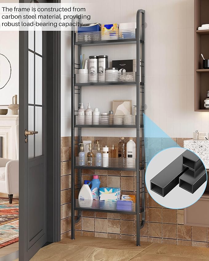 UMDONX Behind The Door Bathroom Shelf Narrow 5-Tier, Slim Space-Saving Storage Shelf, Freestanding Narrow Shelving Unit for Bathroom, Kitchen, Closet and Laundry Room Black