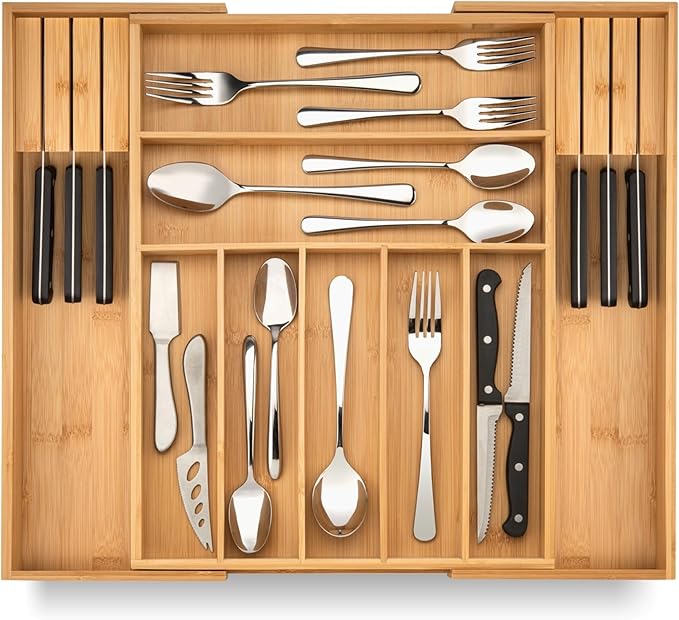 Purawood Kitchen Drawer Organizer - Expandable Utensil Drawer Organizer for Kitchen, Cutlery Tray & Silverware Organizer, 3-5 Slots - Bamboo Organizer for Utensils & Flatware (Grey)