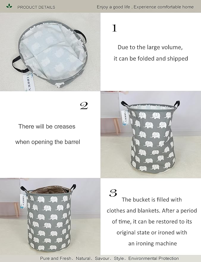 Round waterproof laundry basket,foldable storage basket,laundry Hampers with handle,gift basket,suitable for children's room and toy storage (Elephant)