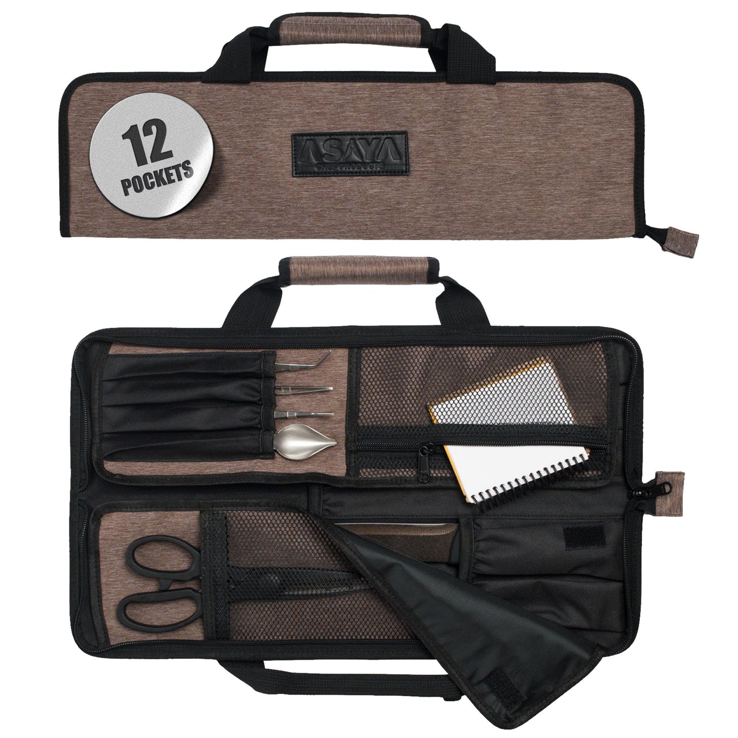 Asaya Chef Knife Roll Bag - 12-Pocket Chefs Case for Kitchen Knives and Utensils, Lightweight Stain-Resistant Waxed Nylon Chef Knife Bag - Knives Not Included (Grey)