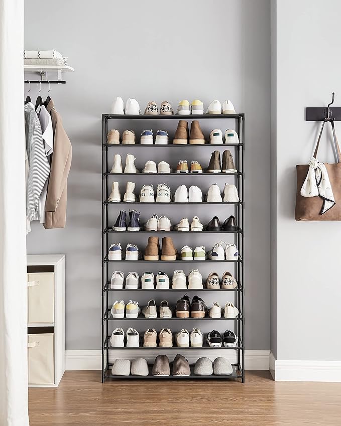 SONGMICS Shoe Rack, 10-Tier Shoe Storage Organizer, Space-Saving, 11 x 32.7 x 62.6 Inches, Entryway, Metal Frame, Non-Woven Fabric Shelves, Ink Black ULSR210B02
