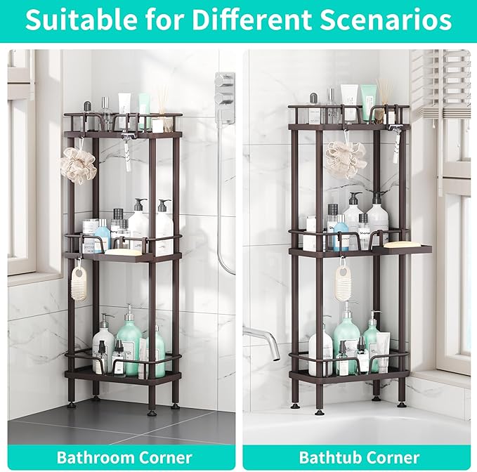 HapiRm Standing Corner Shower Caddy - 3 Tier Corner Shower Organizer with Soap Holder, Rustproof Stainless Steel Bathroom Shelf with 4 Hooks, Bronze