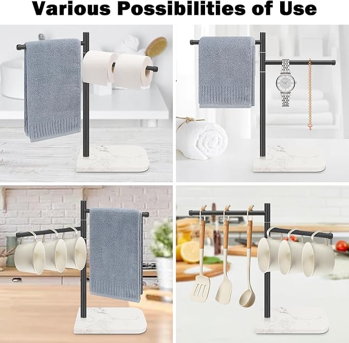 Standing Hand Towel Holder, Hand Towel Stand with Marble Base, 304 Stainless Steel Towel Rack with 2 Swivel Arm, Countertop Stand Towel Ring Towel Bar for Bathroom (Matte Black)