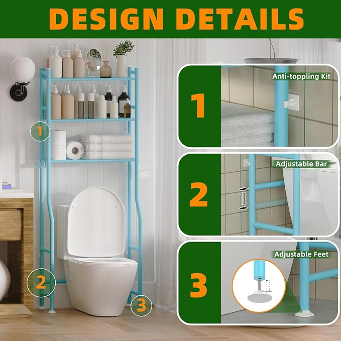 3-Tier Over The Toilet Storage, Space Saver Metal Bathroom Shelves, Freestanding Above Over Toilet Storage Shelf with 4 Hooks for Bathroom, Blue