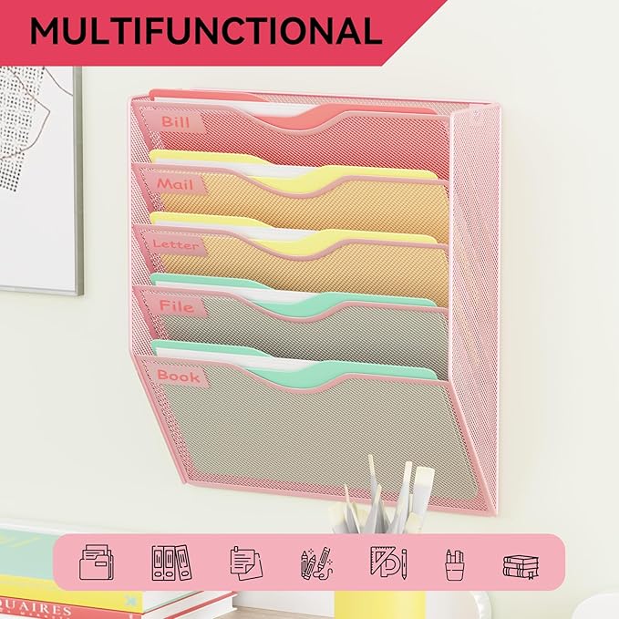 5 Pockets Hanging Wall File Organizer Mail Holder, Wall Mounted Paper Document Folder Holder, Clipboard Storage Organization Magazine Rack, Pink
