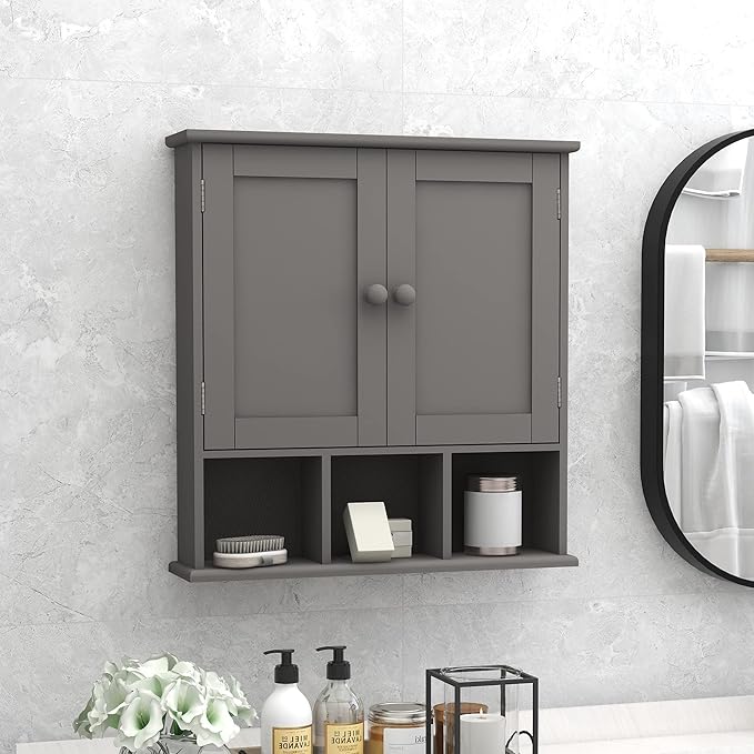 TaoHFE Grey Bathroom Cabinet,Bathroom Wall Cabinet with 2 Door Adjustable Shelves,Over The Toilet Storage Cabinet,Bathroom Cabinet Wall Mounted,Medicine Cabinets for Laundry Room Kitchen