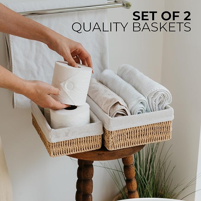 Beautiful Toilet Paper Storage Basket Set of 2 – Decorative Wicker Bathroom Organizer for Toilet Tank Trays - Quality Holder Bin for Shelves Fits Perfectly with Any Bathroom Decor