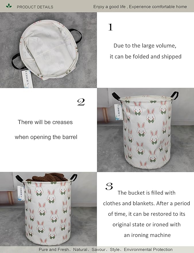 Round waterproof laundry basket,foldable storage basket,laundry Hampers with handle,gift basket,suitable for children's room and toy storage (Rabbit)