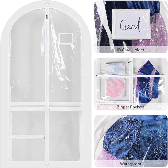 Univivi Clear PVC Dance Costume Bags Garment Bag 50 Inch for Dance Competitions, with 3 Seperated Medium Clear Zipper Pockets and 1 Large Back Zippered Pocket