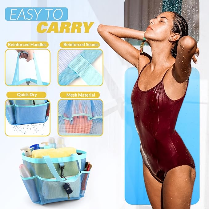 Mesh Shower Caddy Portable for College Dorm Room Essentials with 8 Pockets, Shower Bag for Beach, Swimming, Gym, Travel, Bathroom(All blue)
