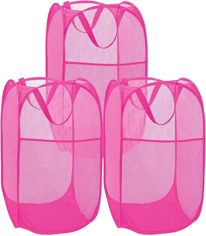 BATTOO Deluxe Strong Mesh Pop up Laundry Hamper Basket with Side Pocket for Laundry Room, Bathroom, Kids Room, College Dorm or Travel 3 Pack Blush