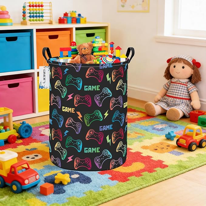 Round Foldable Handle Storage Basket toys Organization Bin Versatile Clothes Container Boys and Girls Gift Hamper (GAME)
