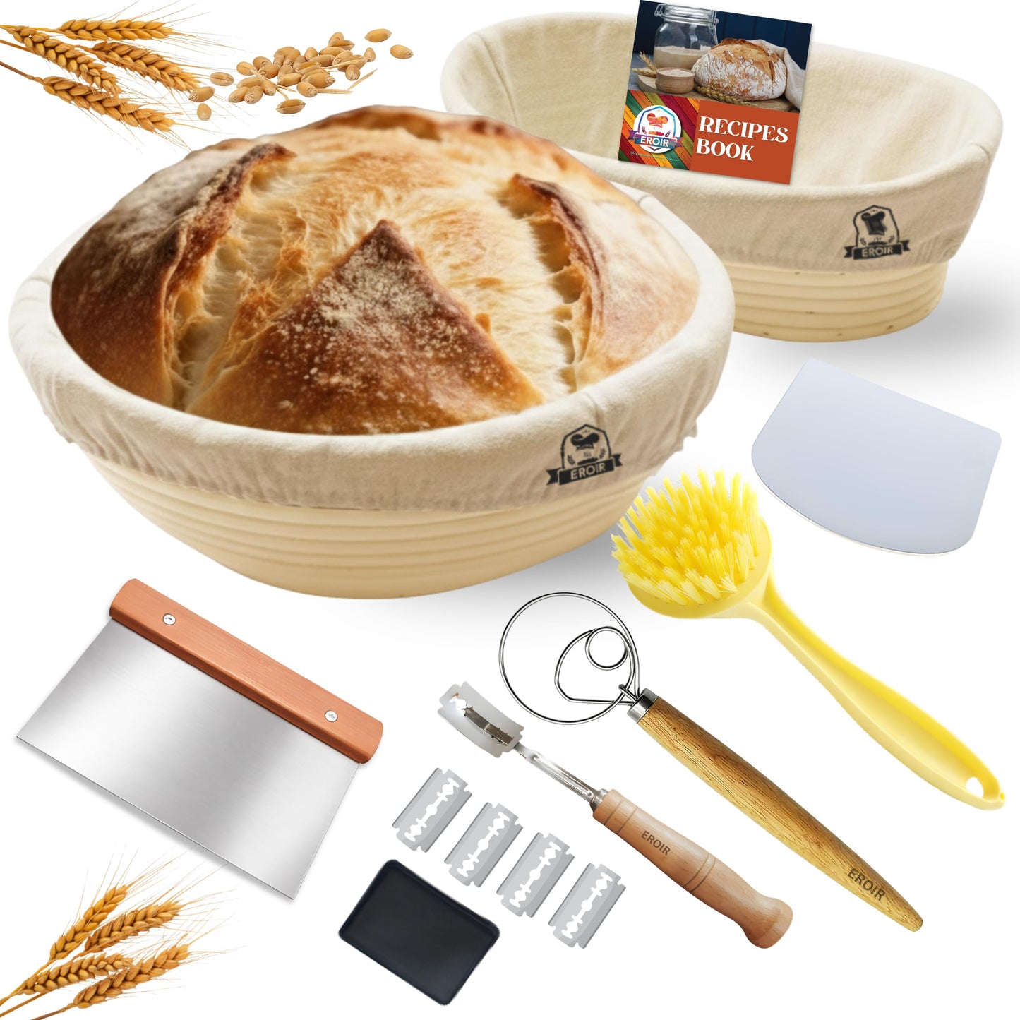 EROIR 13" Danish Dough Whisk Bread Lame Bowl Scraper Set - Dutch Sourdough Whisk Double Eye, Dough Scraper, Bread Scorer with 10 Blades and Leather Cover