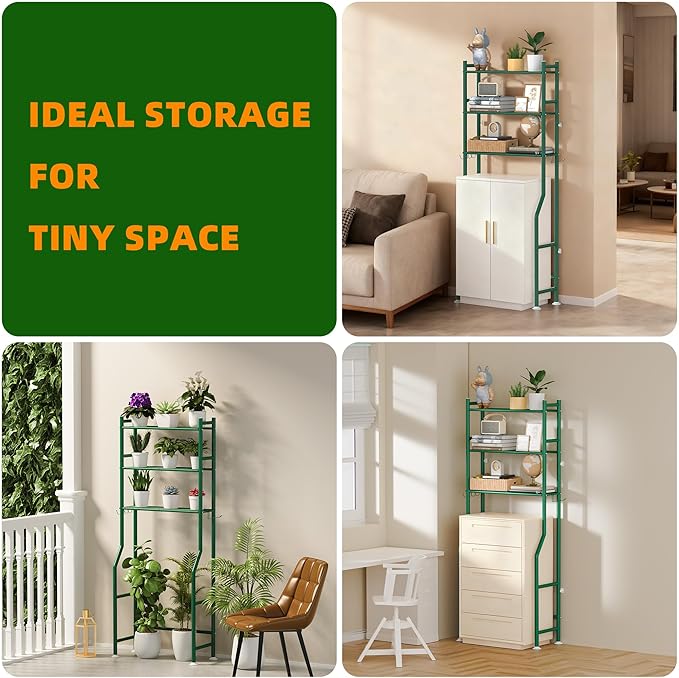 3-Tier Over The Toilet Storage, Space Saver Metal Bathroom Shelves, Freestanding Above Over Toilet Storage Shelf with 4 Hooks for Bathroom, Green