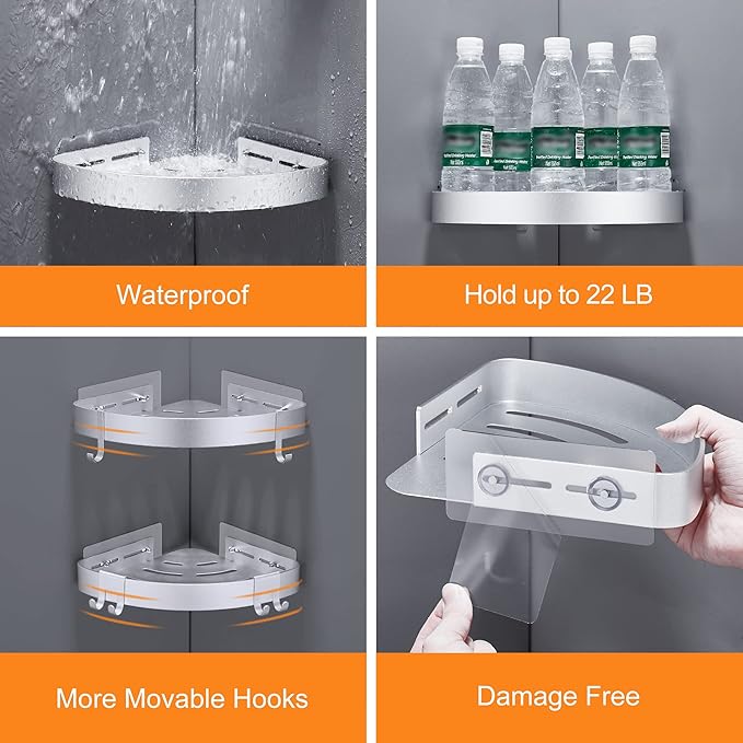 Adhesive Corner Shower Caddy with Hooks,Bathroom Shower Organizer, No Drilling Rust Proof Aluminum Shower Shelf for Inside Shower 2 Pack (Silver)