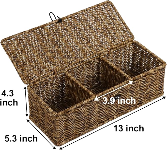 Waterproof Wicker Storage Basket with Lid, Rectangular Tank Woven Baskets with Sections, Decorative Box for Snack Toys Bathroom (Brown)