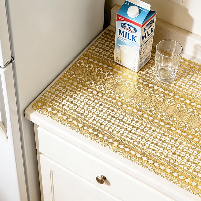 Drawer and Shelf Liner - Gold Geometric Lace Pattern,Non Adhesive Non Slip Waterproof Easy-Clean Shelf Liner for Kitchen Cabinet, Refrigerator, Bathroom, Pantry Storage Drawers, 12 in x 20 Ft