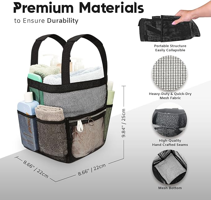 Mesh Shower Caddy Dorm, 7 Pockets & 1 with Zipper, Shower Tote with Padded Handles, Travel Portable, Shower Caddy College Room Essentials, Bathroom Shower Bag (Black)