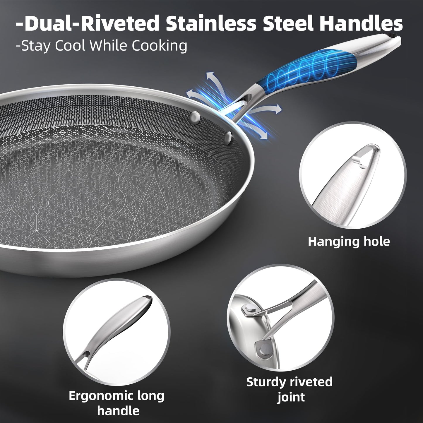COOKER KING Non-toxic Frying Pans Set of 3 (8+10+12 Inch), Tri Ply Stainless Steel Pans, Induction Pan Set, Chef's Pan, Skillets Dishwasher & Oven Safe, Stay-Cool Handles, Compatible with All Cooktops