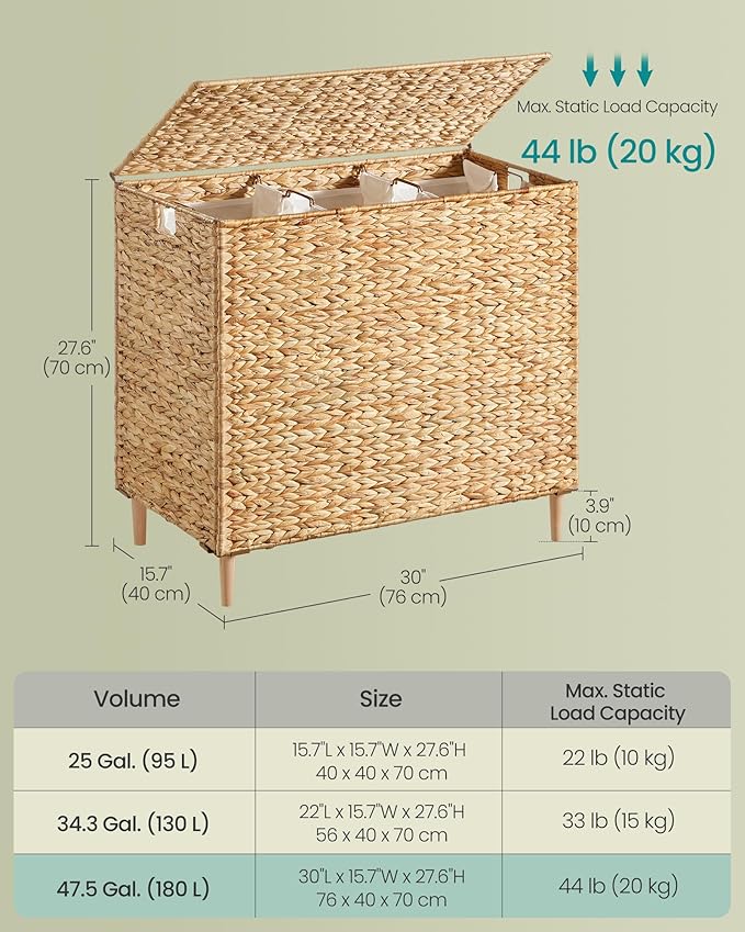 SONGMICS Laundry Hamper 3 Sections, 47.5 Gal. (180 L) Handwoven Water Hyacinth Wicker Laundry Basket with Lid, Natural Material, Removable Machine Washable Liners, Handles, Natural ULCB203Y01