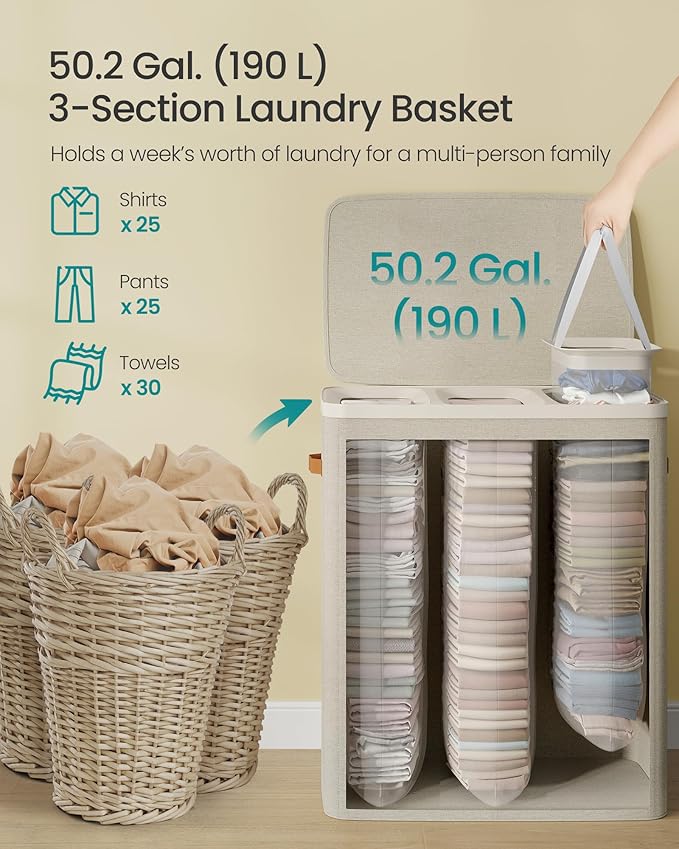 SONGMICS Laundry Basket, 50.2 Gal. Laundry Hamper, 3 Compartments, Easy Assembly, with Lid and Handles, Removable Liners, 25.2 x 15.7 x 29.5 Inches, Cappuccino Beige ULCB814LH01