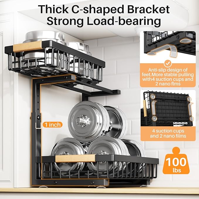 PXRACK Under Sink Organizer, Adjustable Height, 2-Pack 2 Tier Pull Out Under Cabinet Organizer, Slide Out Thickened Metal Under Sink Storage for Kitchen Bathroom Laundry Pantry Cabinet, L, Black