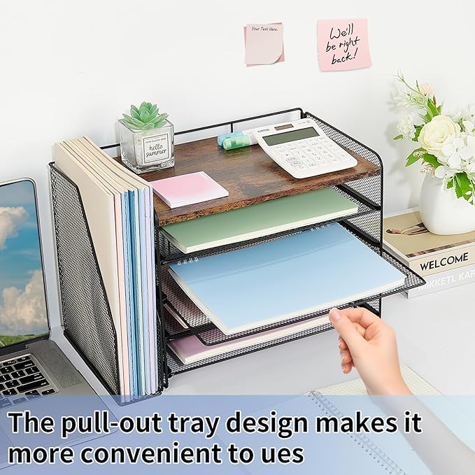 OPNICE 5-Tier Paper Organizer with Magazine Holder, Desk Organizers and Accessories, Office Desk Accessories & Workspace Organizers, Desktop File Organizer for Office Supplies Storage, Brown