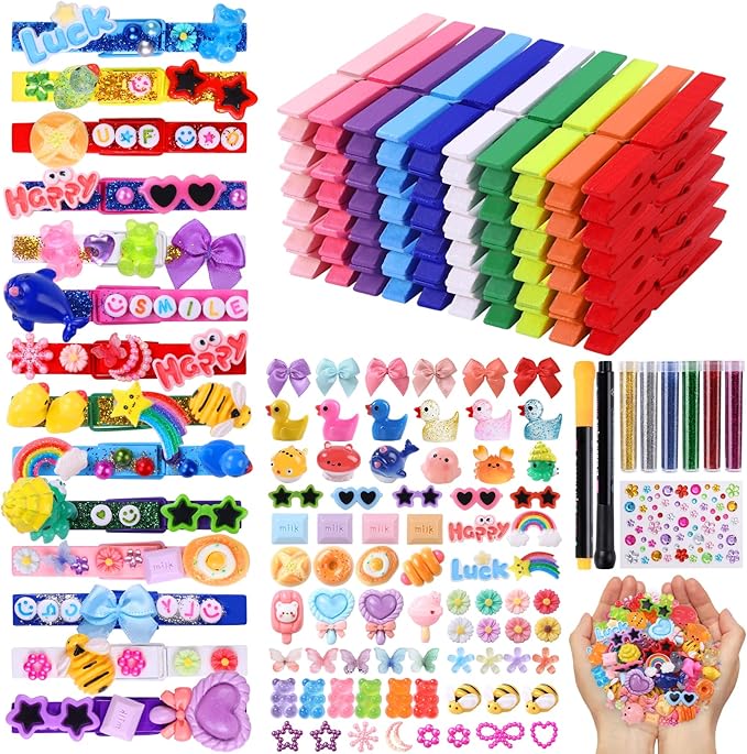 JOICEE 80PCS Cheer Pins Spirit Clips,80 Colored Wooden Clothes Pins 126 Mini Resin Animals Bows Daisy and Stickers Pen 300 Beads Pearls for Backpacks Ribbon Team Classroom Cheer Gifts Bulk