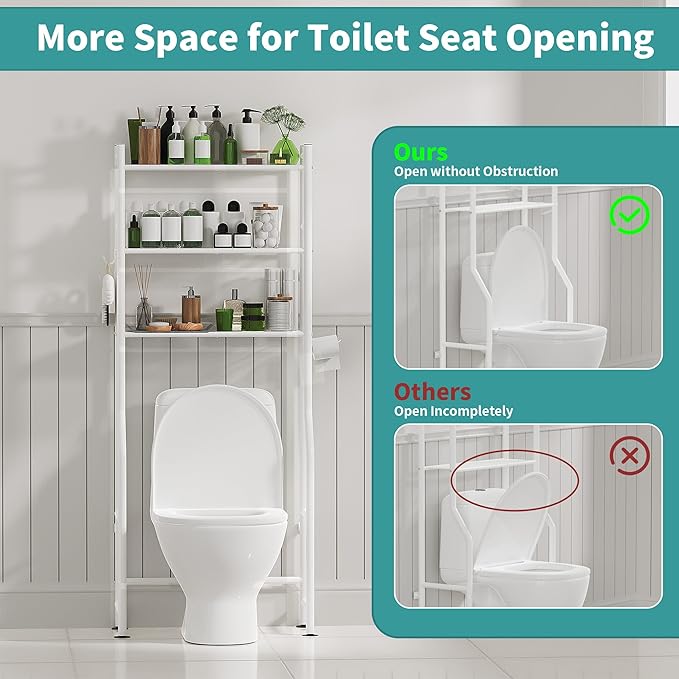 3-Tier Over The Toilet Storage with Paper Holder, Metal Bathroom Organizers and Storage for Small Space, Freestanding Bathroom Shelves with 4 Hooks, Above The Toilet Storage Shelf (White)