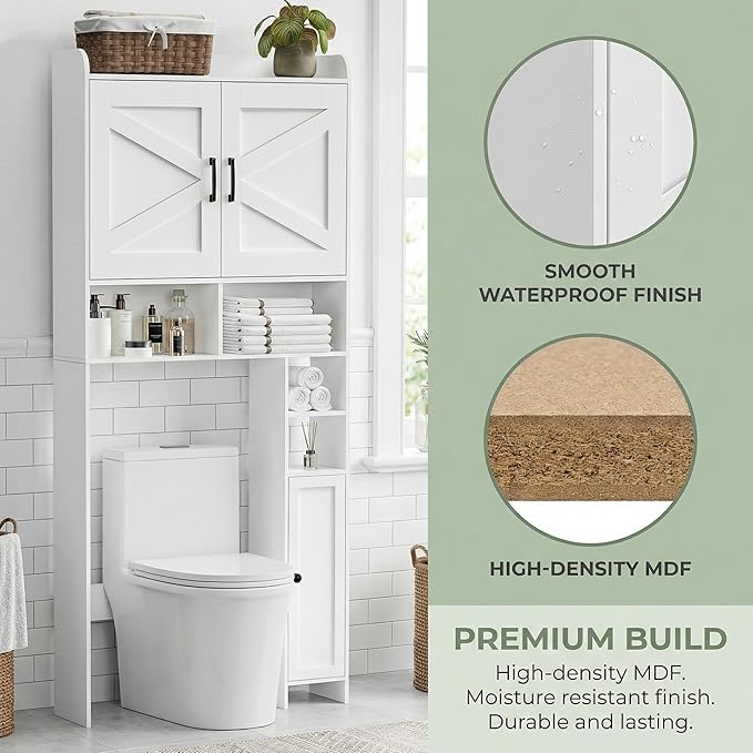Homhedy Over The Toilet Storage Cabinet with 2 Barn Door and Toilet Paper Holder Stand, FreeStanding Toilet Shelf Space Saver, for Bathroom, Restroom, Laundry, White