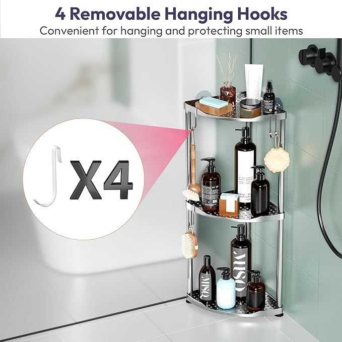 SWTYMIKI Corner Shower Caddy Standing - 3 Tier Stainless Steel Shower Organizer Stand, Large Capacity Floor Shelf with 4 Hooks, Rustproof Bathroom Storage Rack,Silver