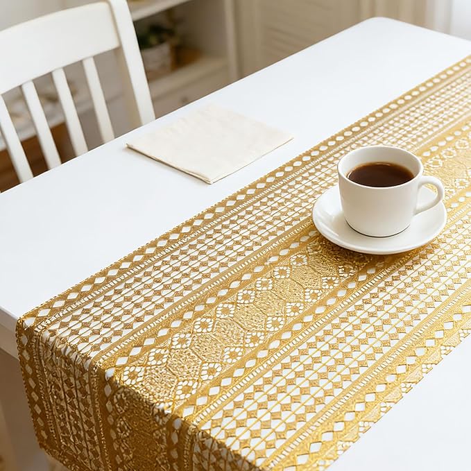 Drawer and Shelf Liner - Gold Geometric Lace Pattern,Non Adhesive Non Slip Waterproof Easy-Clean Shelf Liner for Kitchen Cabinet, Refrigerator, Bathroom, Pantry Storage Drawers, 17 in x 30 Ft