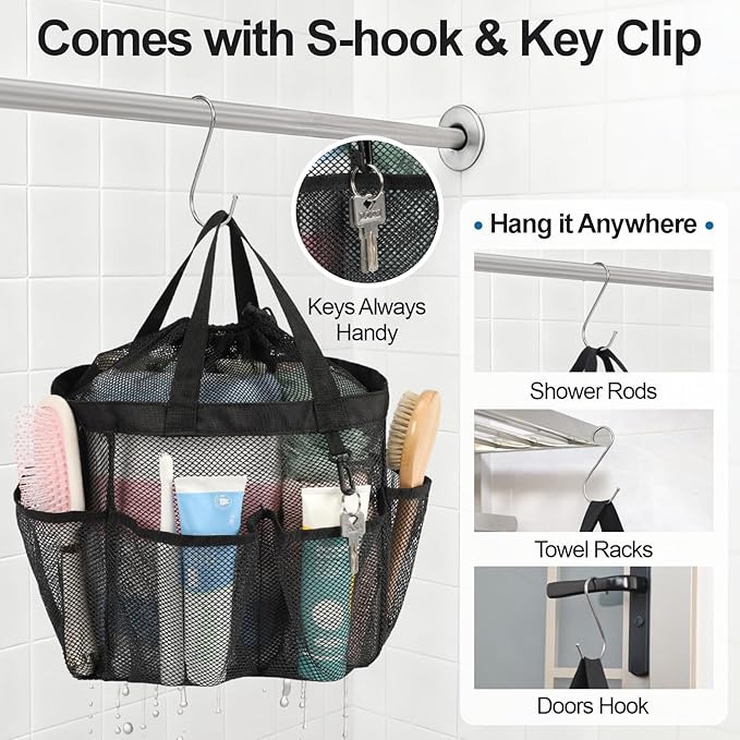 F-color Mesh Shower Caddy Portable with Drawstring - Large 8 Pockets Dorm Room Essentials for Guys Girls with S Hook, Shower Bag Basket Tote for College Camping Gym Travel Toiletry Bathroom, Black