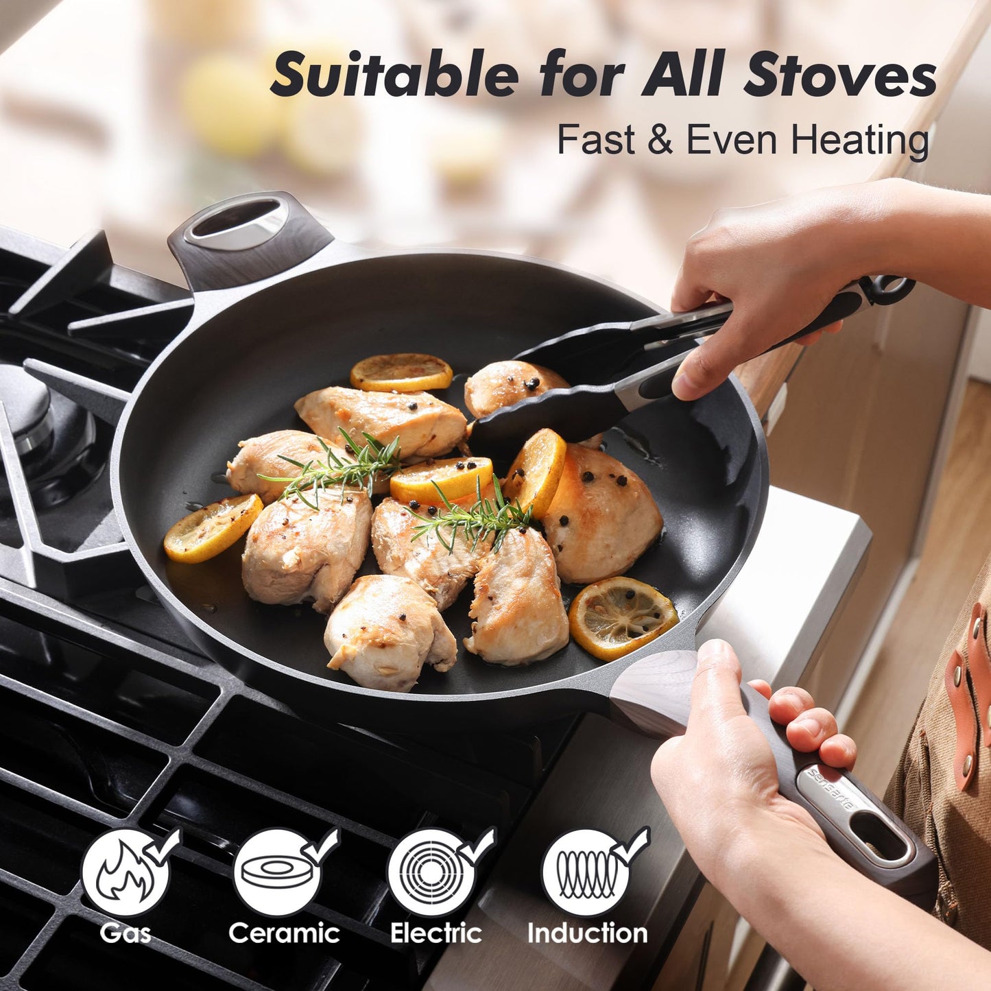 SENSARTE 9.5inch Ceramic Nonstick Frying Pan Paella Pan with Lid, Taupe