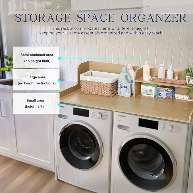 DTK Washer Dryer Wood Countertop with Shelf, Laundry Topper with Non-Slip Mat,27.55" Depth x 54" Width Dryer Covers for The Top with Edge Rails (Light Walnut)