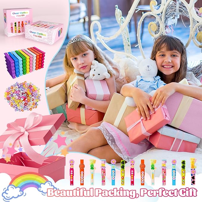 50-Pack Cheer Pins Kits-50pcs 2.9 Inch Wooden Clothespins 10 Colors, 58 Resin Charms, 2 Gem Stickers, 200 Letter Beads for Team Spirit, Classroom Crafts & Cheerleading Accessories with Glue & Tools