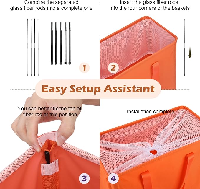 Odonata Slim Laundry Hamper Handles Collapsible Laundry Basket Thin Dirty Clothes Basket Narrow Laundry Bag Foldable Dirty Hamper 45L (Orange)
