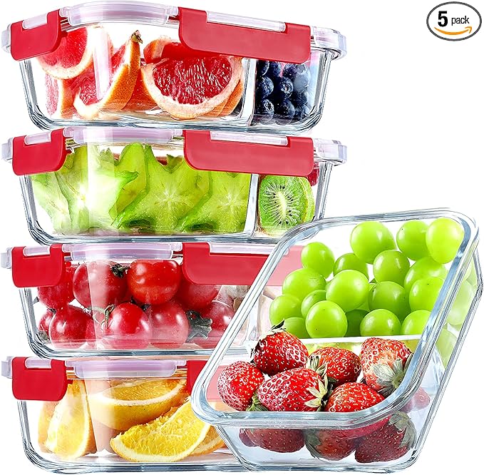 VERONES 5 PACK 36 OZ Glass Food Storage Containers 2 Compartment Set, Grey