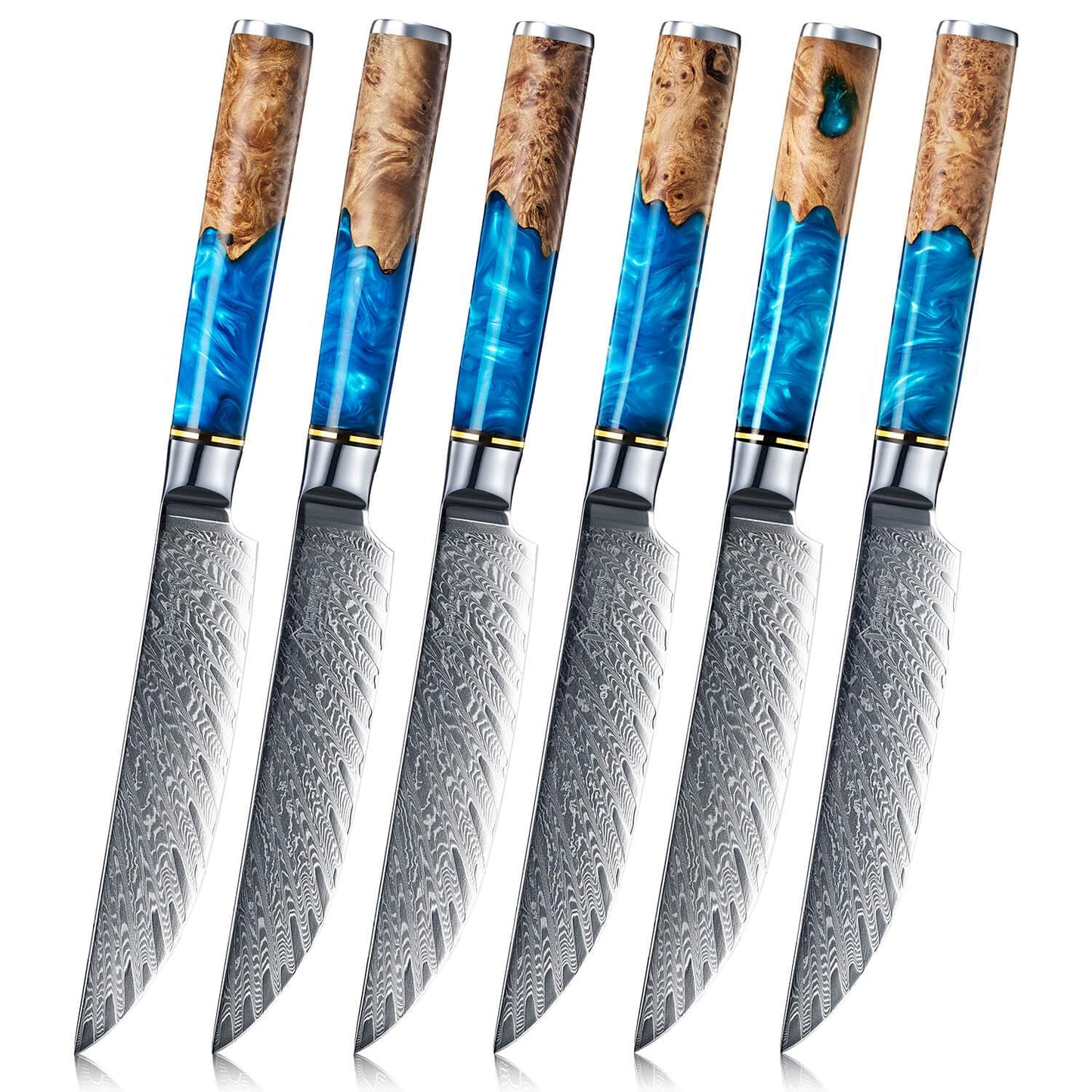 SENKEN Damascus Steak Knife Set - Black Tsunami Collection - 67-Layer Japanese VG10 Steel - Razor Sharp Non-Serrated Blades, Black Resin & Burl Wood Handles, Luxury Gift Box