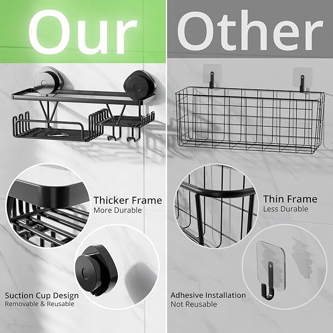 KEGII Shower Caddy Suction Cup with Soap Holder and Hooks, Removable Suction Bathroom Organizer Shelf, No Drilling Shower Organizer, Stainless Steel Shampoo Holder for Bathroom Storage, Black
