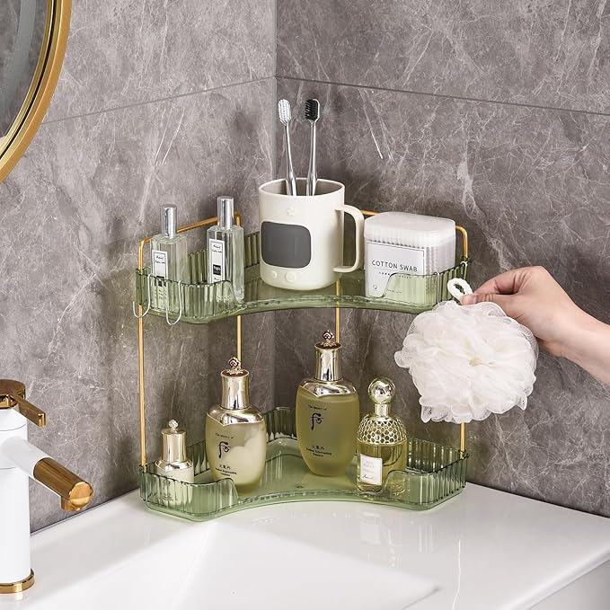 2-Tier Corner Bathroom Organizer Countertop with Hooks, Bathroom Sink Corner Vanity Storage for Makeup, Skincare and Perfume (Green Gold)
