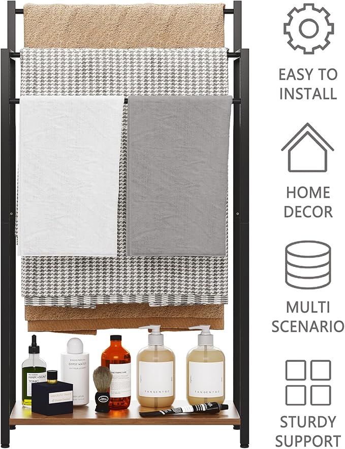 Freestanding Towel Rack, 3 Tier Blanket Ladder Stand with Rustic Brown Wooden Shelf for Bathroom Living Room (31.5”H x 16.9”W x7.9”D)