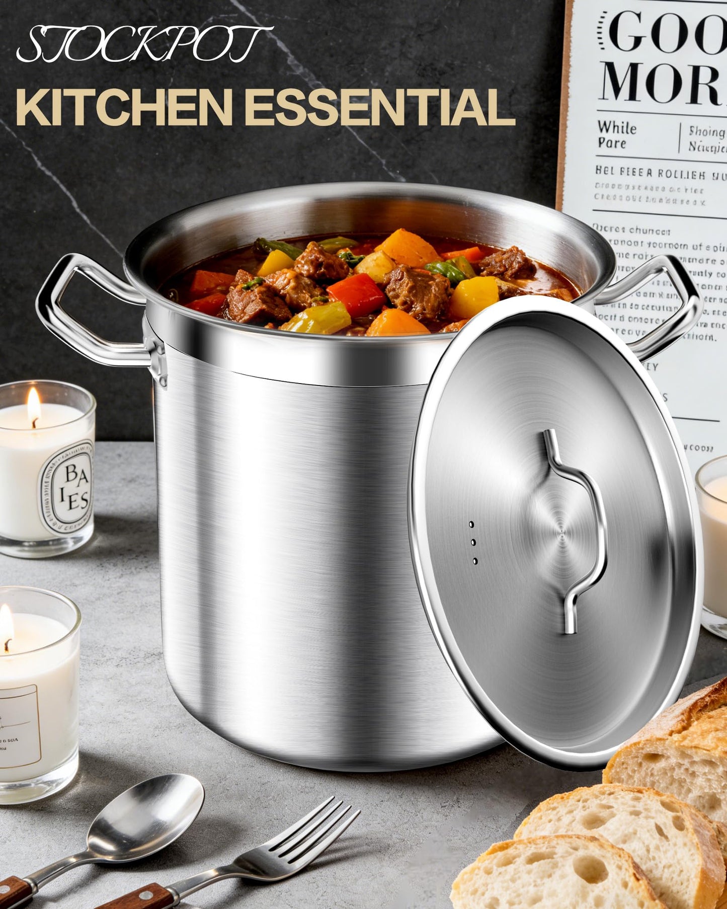 STOCKPOT 20 Quart Soup Pot with Lid – Stainless Steel Stock Pot, Heavy Duty Cooking Pot for Soup, Pasta, Stew – Induction & Oven Safe, Commercial & Home Use