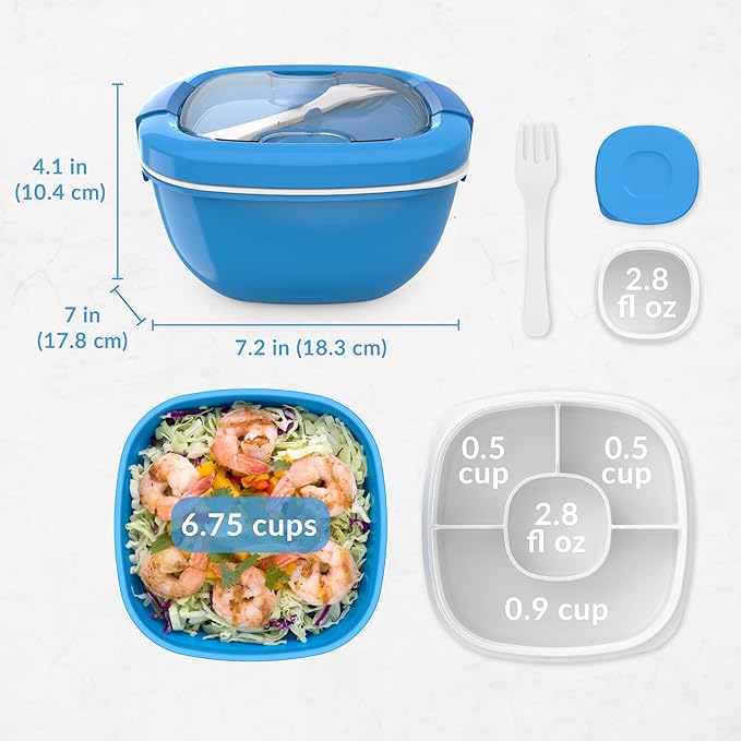 Bentgo Salad Container - 54 oz Bowl with 4-Compartment Toppings Tray, Leak-Proof Dressing Container, Reusable Fork, BPA-Free Lunch Box for Meal Prep & Food Storage; Removable Bento Tray (Blue)