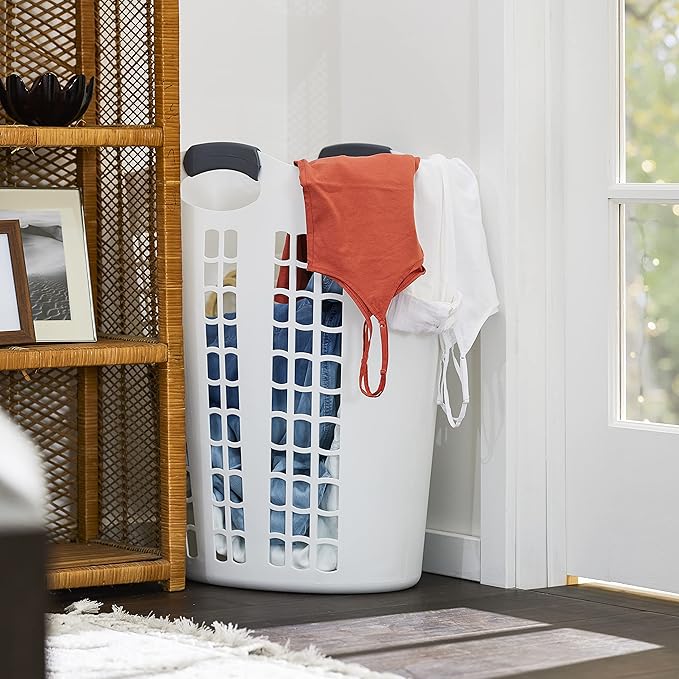 Gracious Living Easy Carry Flex Hamper, Large 87.5 Liter Lightweight Plastic Ventilated Laundry Basket Clothes Bin with Handles, White (2 Pack)