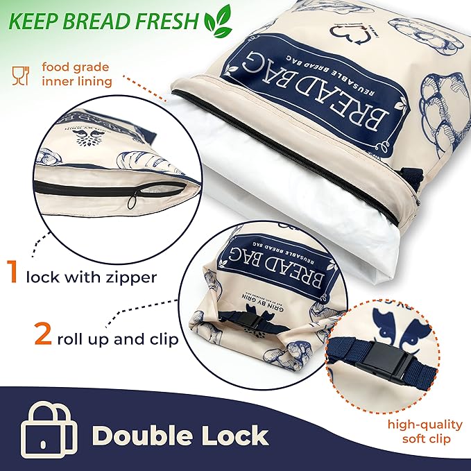 GRIN BY GRIN- Bread Bags 2 Pack Reusable Zipper Bags for Homemade Bread Sourdough Extra Large Freezer Storage