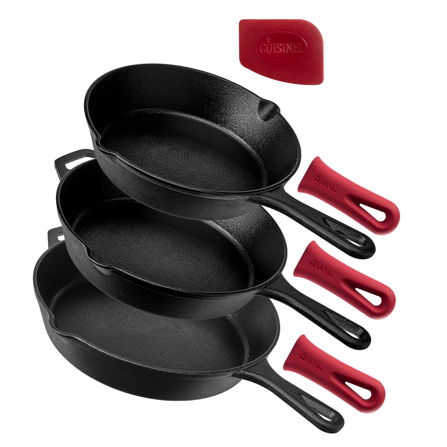 Cuisinel Cast Iron Cookware 18-Piece Set - Pre-Seasoned 6" + 8" + 10" + 12" Skillet + Grill Pan+Lid + Griddle + Pizza Pan + Dutch Oven+Pan Cover + Panrack + Silicone Handle Grips + Pan Scraper/Cleaner